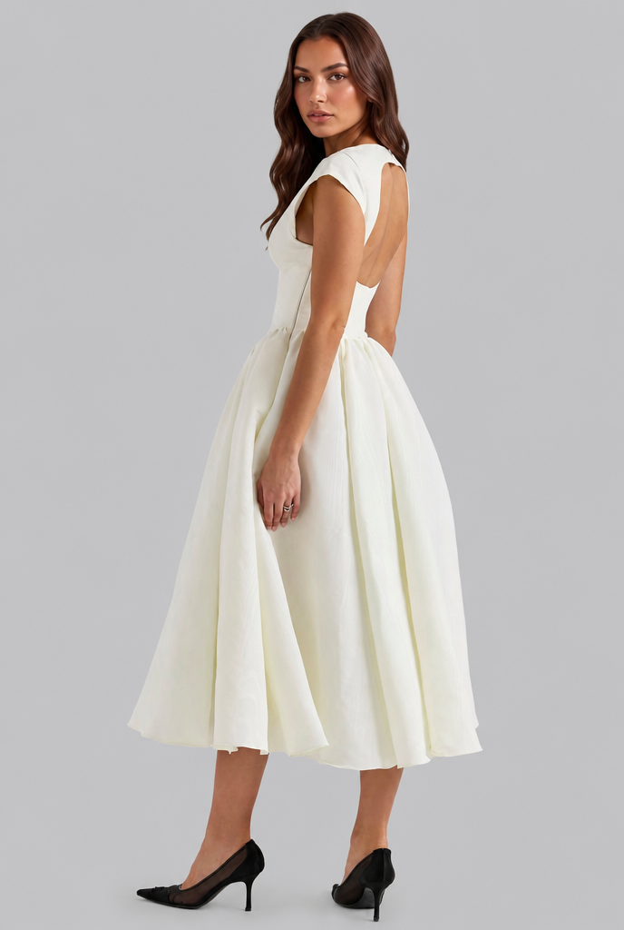 Structured Cap Sleeve Midi Dress Classic Occasion Dress Audrey Calvero