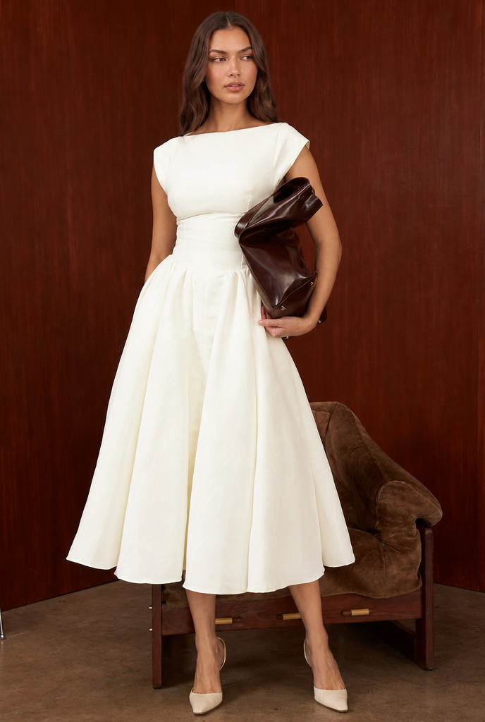 Structured Cap Sleeve Midi Dress Classic Occasion Dress Audrey Calvero