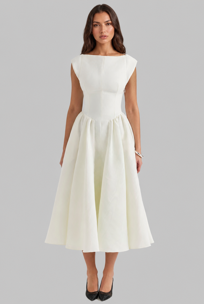 Structured Cap Sleeve Midi Dress Classic Occasion Dress Audrey Calvero