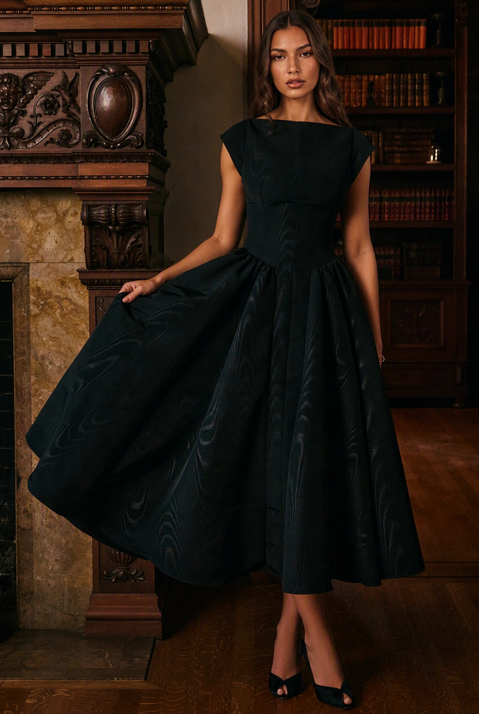 Structured Cap Sleeve Midi Dress Classic Occasion Dress Audrey Calvero