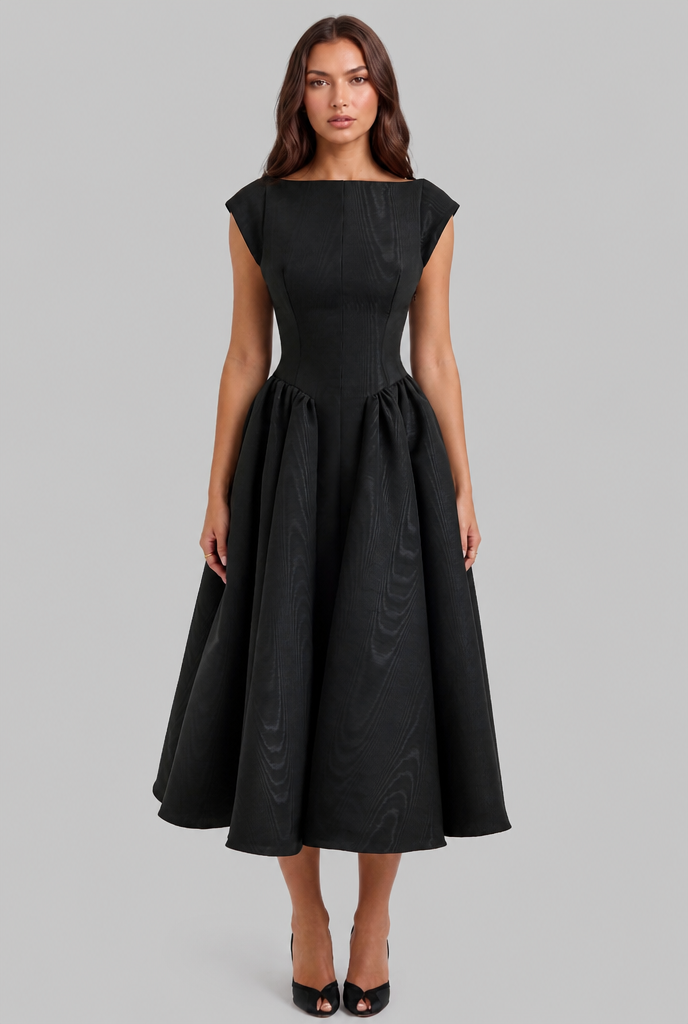 Structured Cap Sleeve Midi Dress Classic Occasion Dress Audrey Calvero