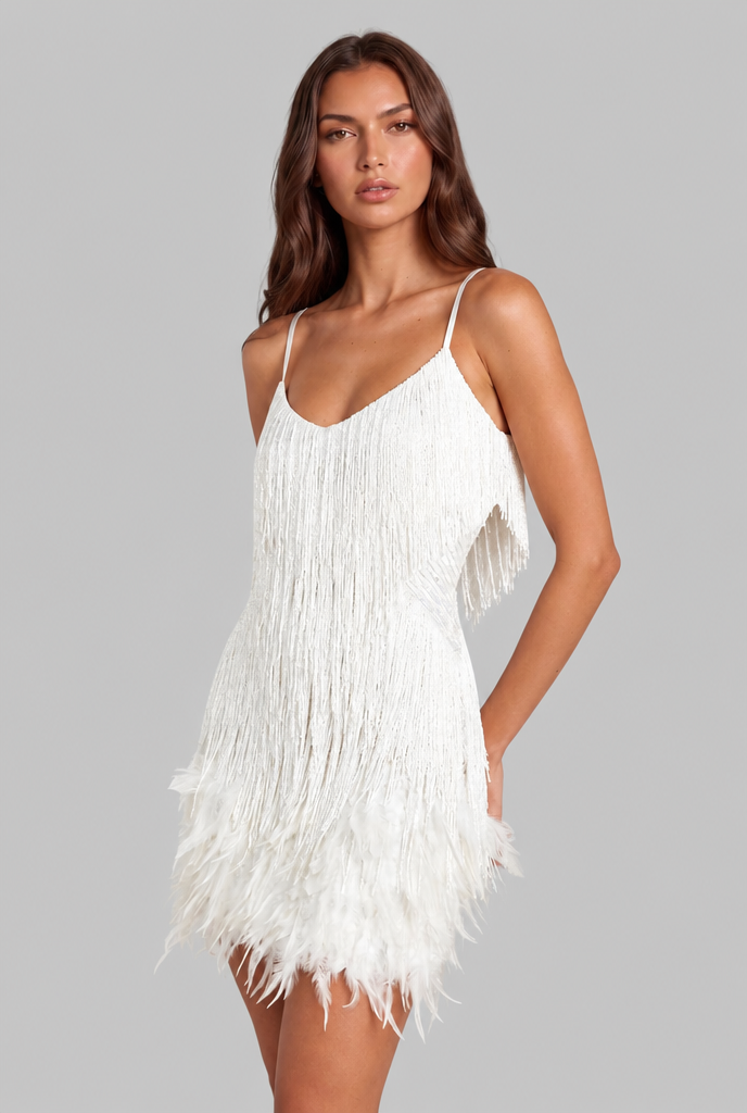 Sequin Mini Dress with Feather Trim Party and Evening Dress Audrey Calvero