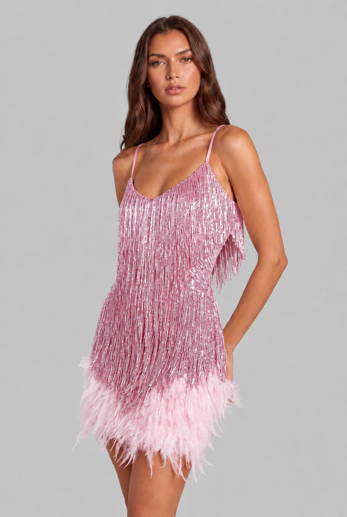 Sequin Mini Dress with Feather Trim Party and Evening Dress Audrey Calvero