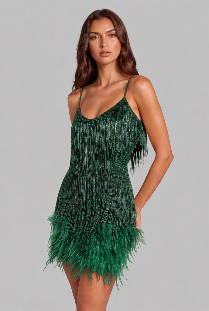 Sequin Mini Dress with Feather Trim Party and Evening Dress Audrey Calvero