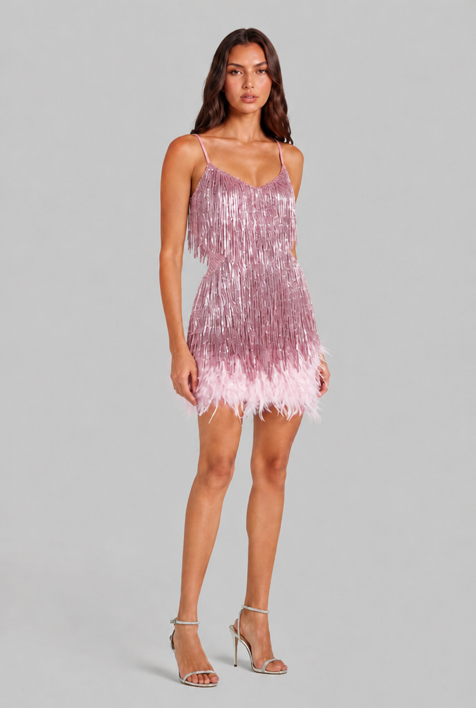 Sequin Mini Dress with Feather Trim Party and Evening Dress Audrey Calvero