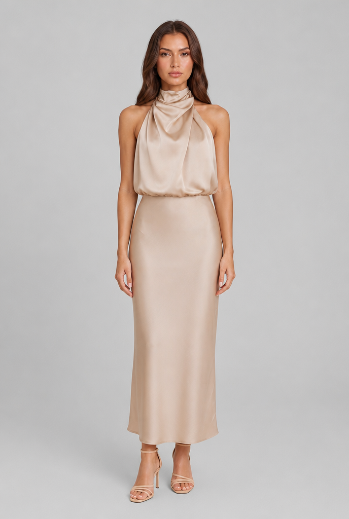 Satin Halter Midi Dress Audrey Calvero