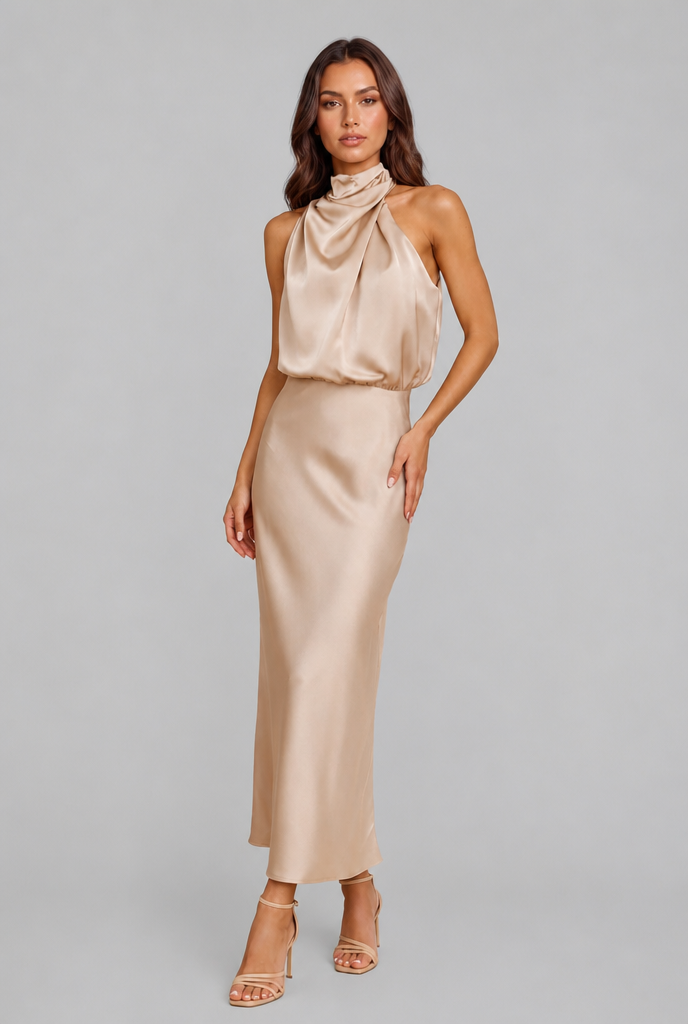 Satin Halter Midi Dress Audrey Calvero