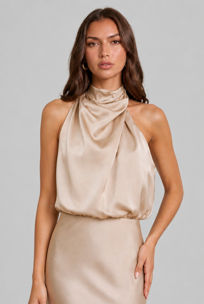 Satin Halter Midi Dress Audrey Calvero