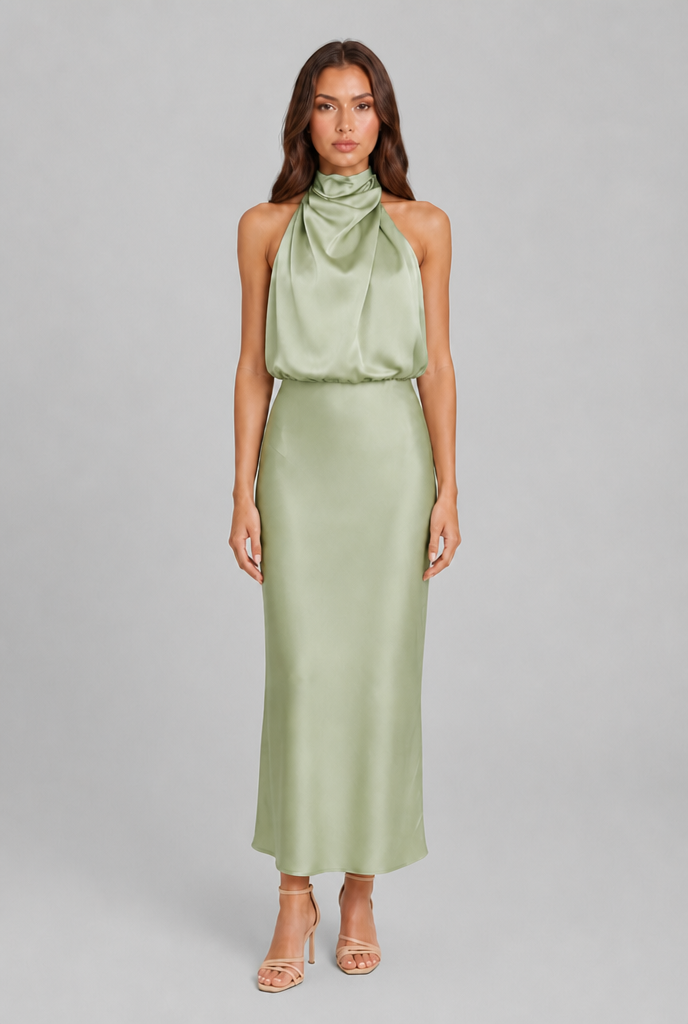Satin Halter Midi Dress Audrey Calvero