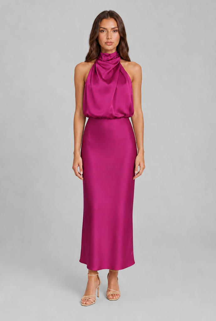 Satin Halter Midi Dress Audrey Calvero