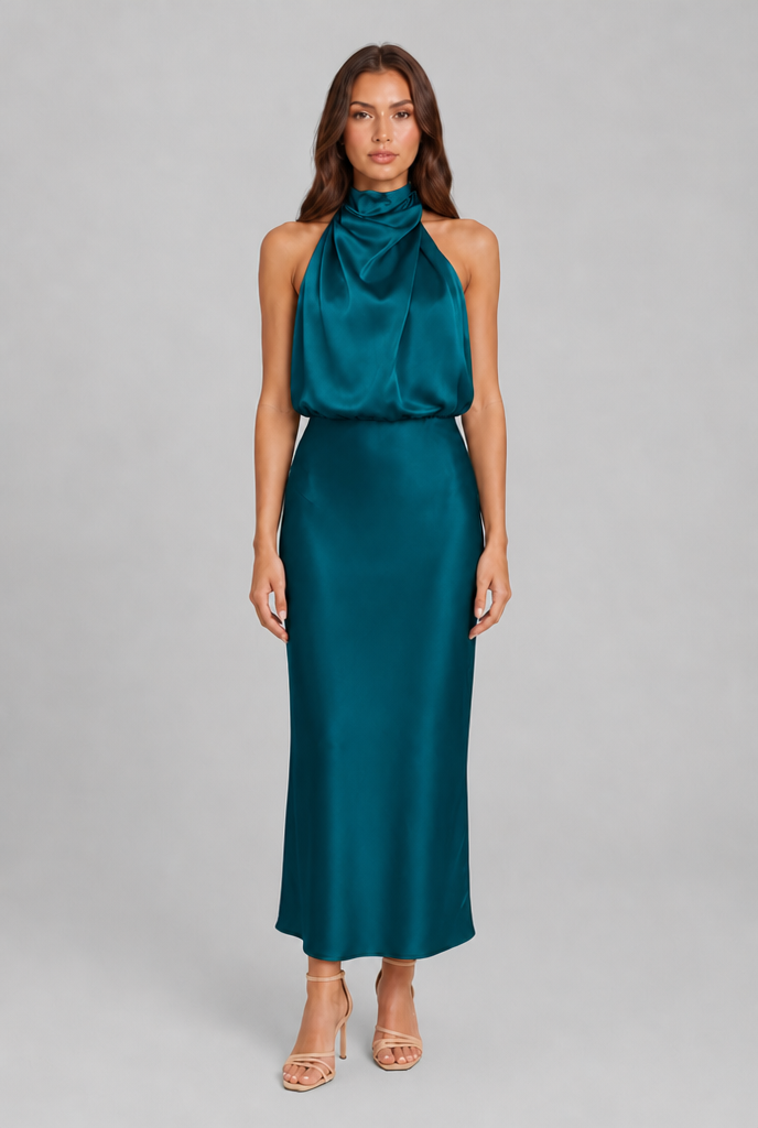 Satin Halter Midi Dress Audrey Calvero