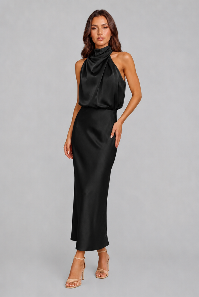 Satin Halter Midi Dress Audrey Calvero