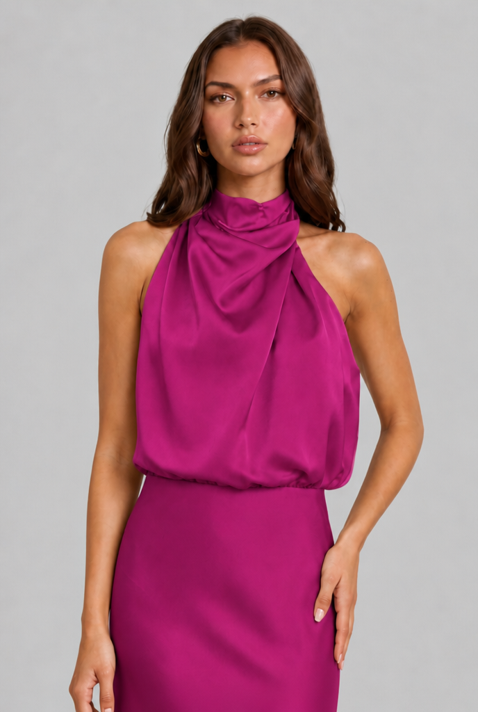 Satin Halter Midi Dress Audrey Calvero