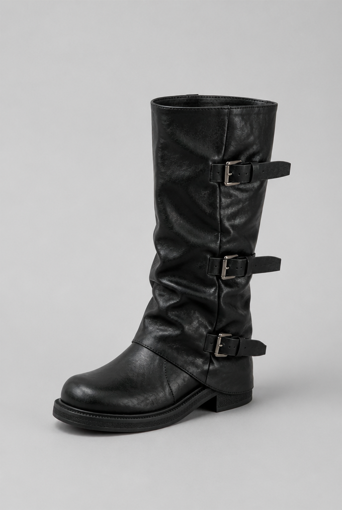 Buckle Biker Boots with Block Heel Audrey Calvero