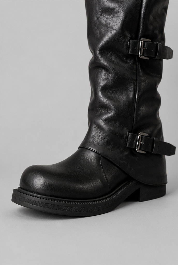 Buckle Biker Boots with Block Heel Audrey Calvero