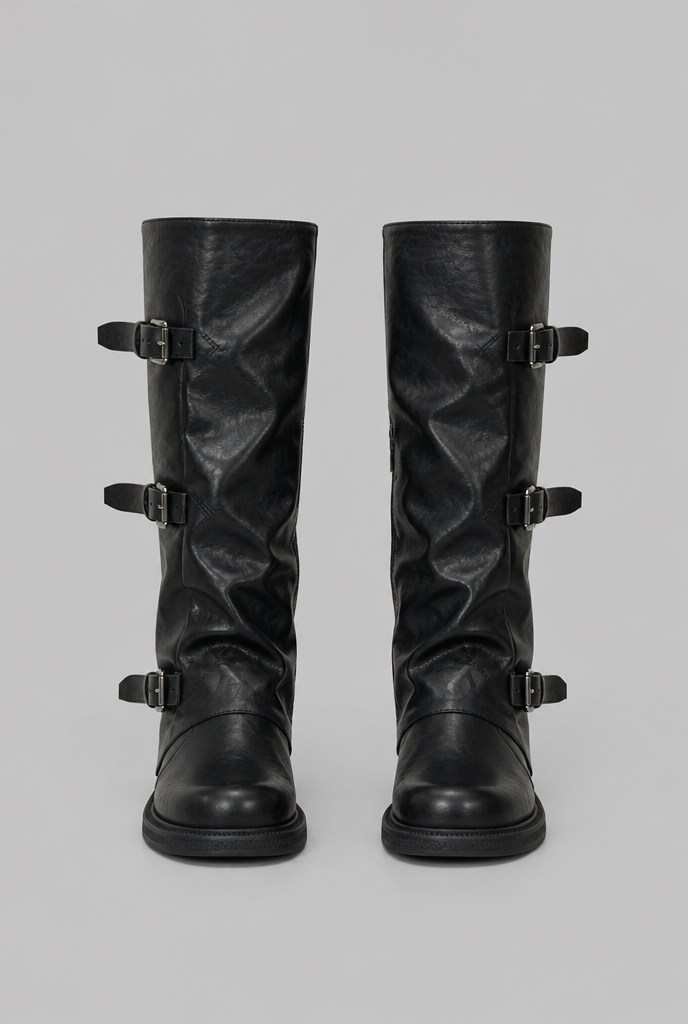 Buckle Biker Boots with Block Heel Audrey Calvero
