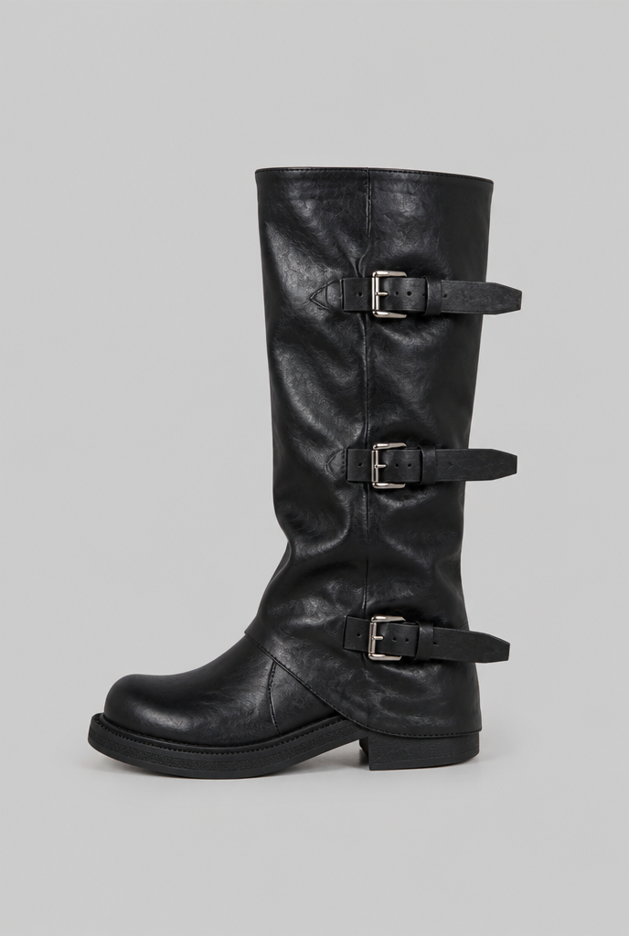 Buckle Biker Boots with Block Heel Audrey Calvero
