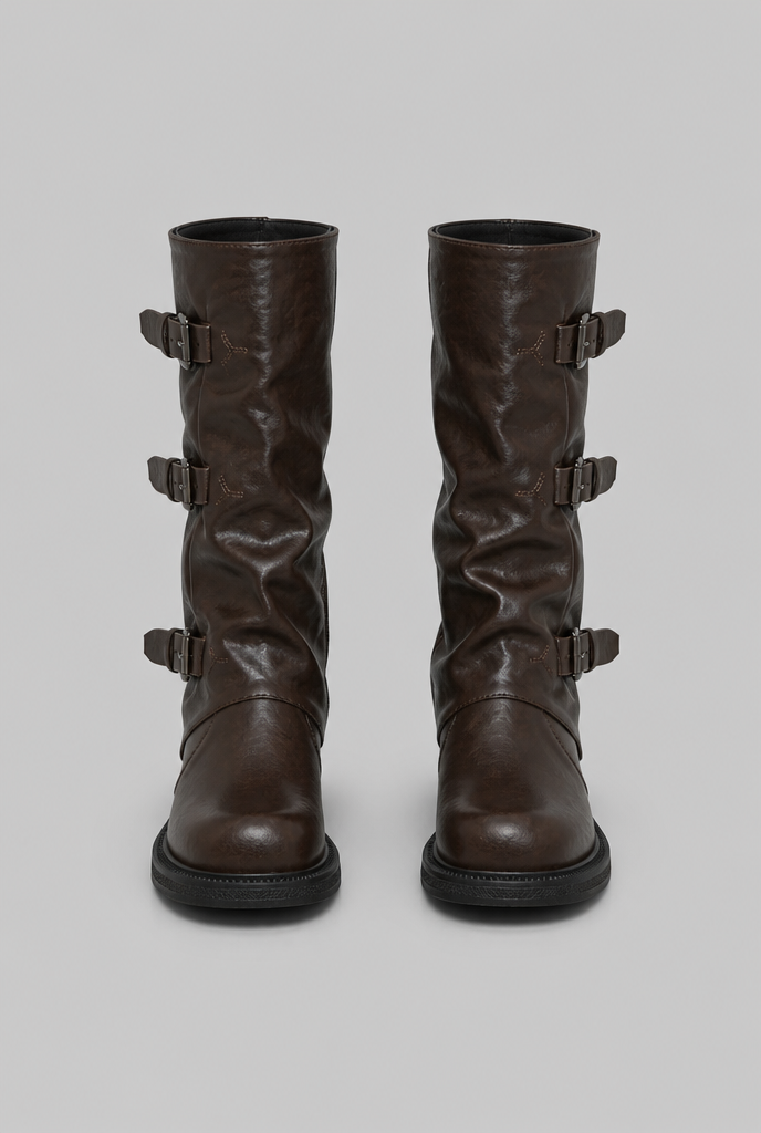 Buckle Biker Boots with Block Heel Audrey Calvero