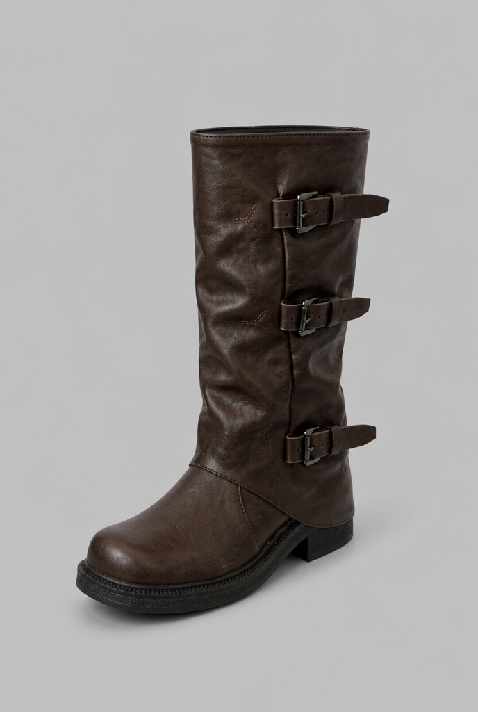 Buckle Biker Boots with Block Heel Audrey Calvero
