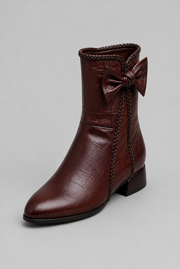 Bow Detail Ankle Boots with Block Heel Audrey Calvero