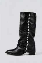 Pearl Trim Knee High Leather Boots Audrey Calvero