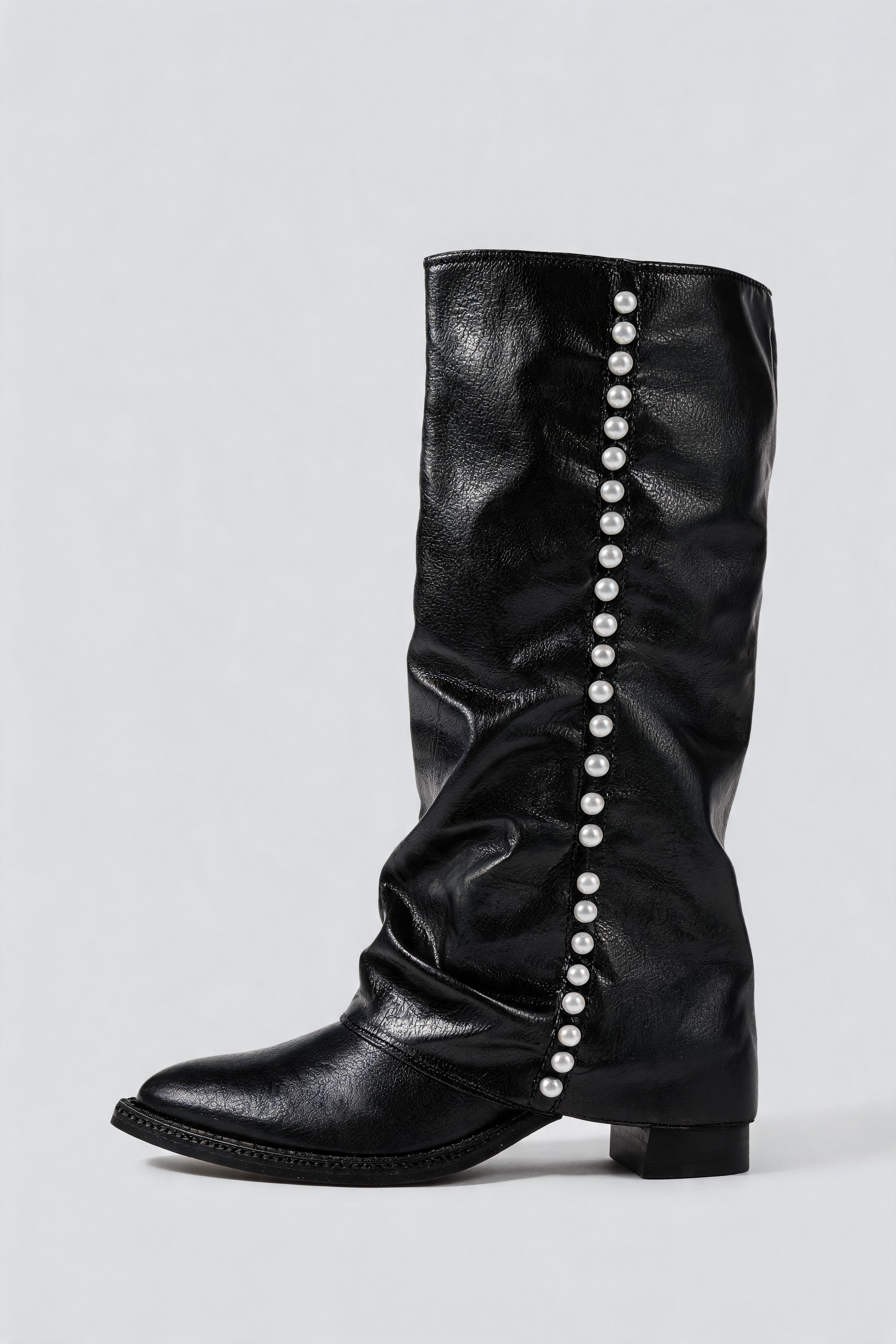 Pearl Trim Knee High Leather Boots Audrey Calvero