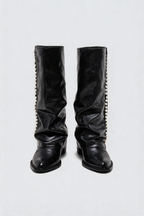Pearl Trim Knee High Leather Boots Audrey Calvero