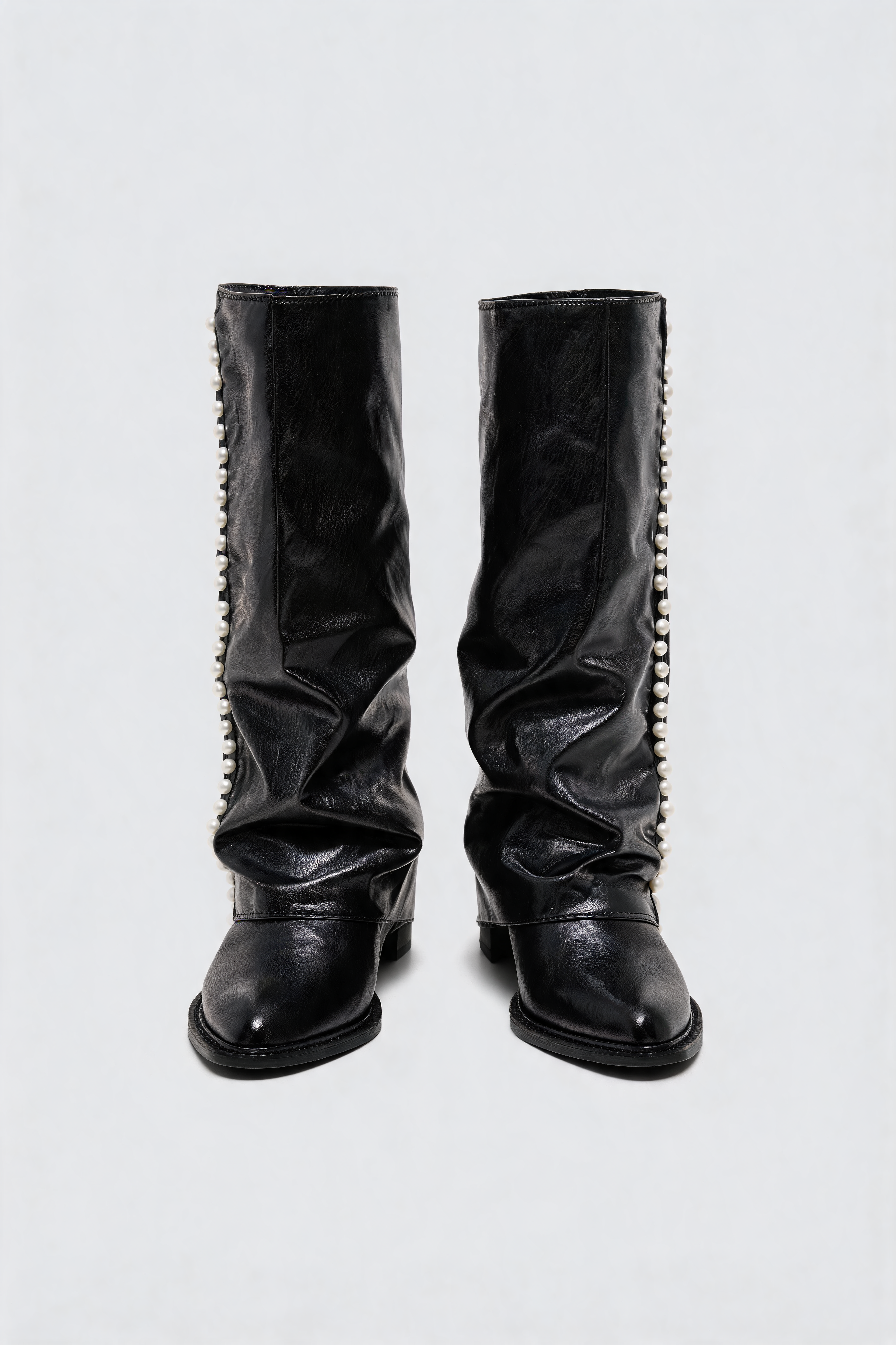 Pearl Trim Knee High Leather Boots Audrey Calvero