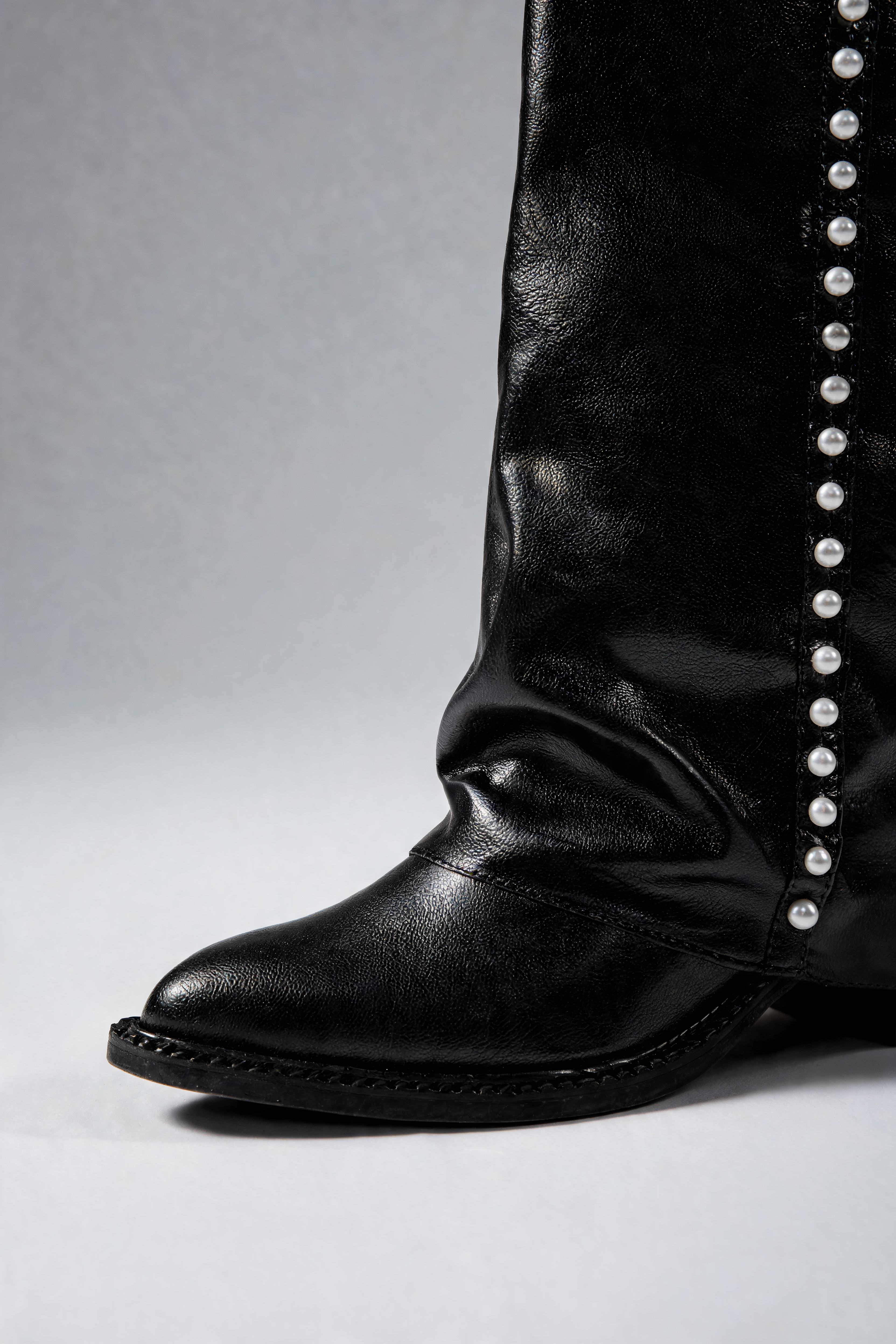 Pearl Trim Knee High Leather Boots Audrey Calvero