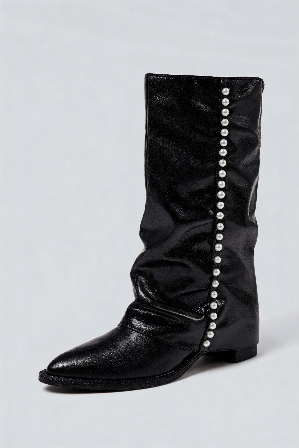 Pearl Trim Knee High Leather Boots Audrey Calvero