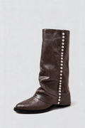 Pearl Trim Knee High Leather Boots Audrey Calvero