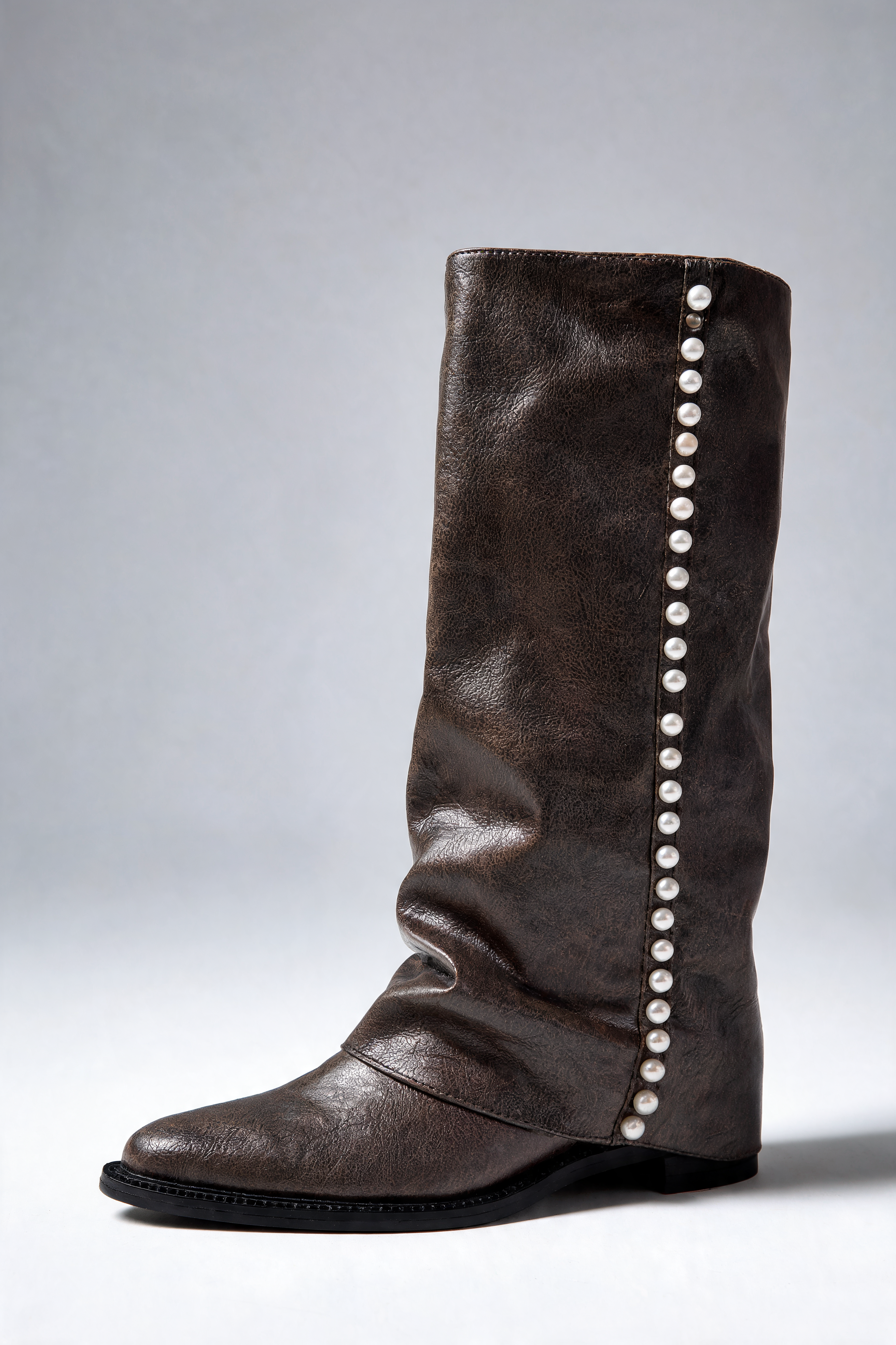 Pearl Trim Knee High Leather Boots Audrey Calvero