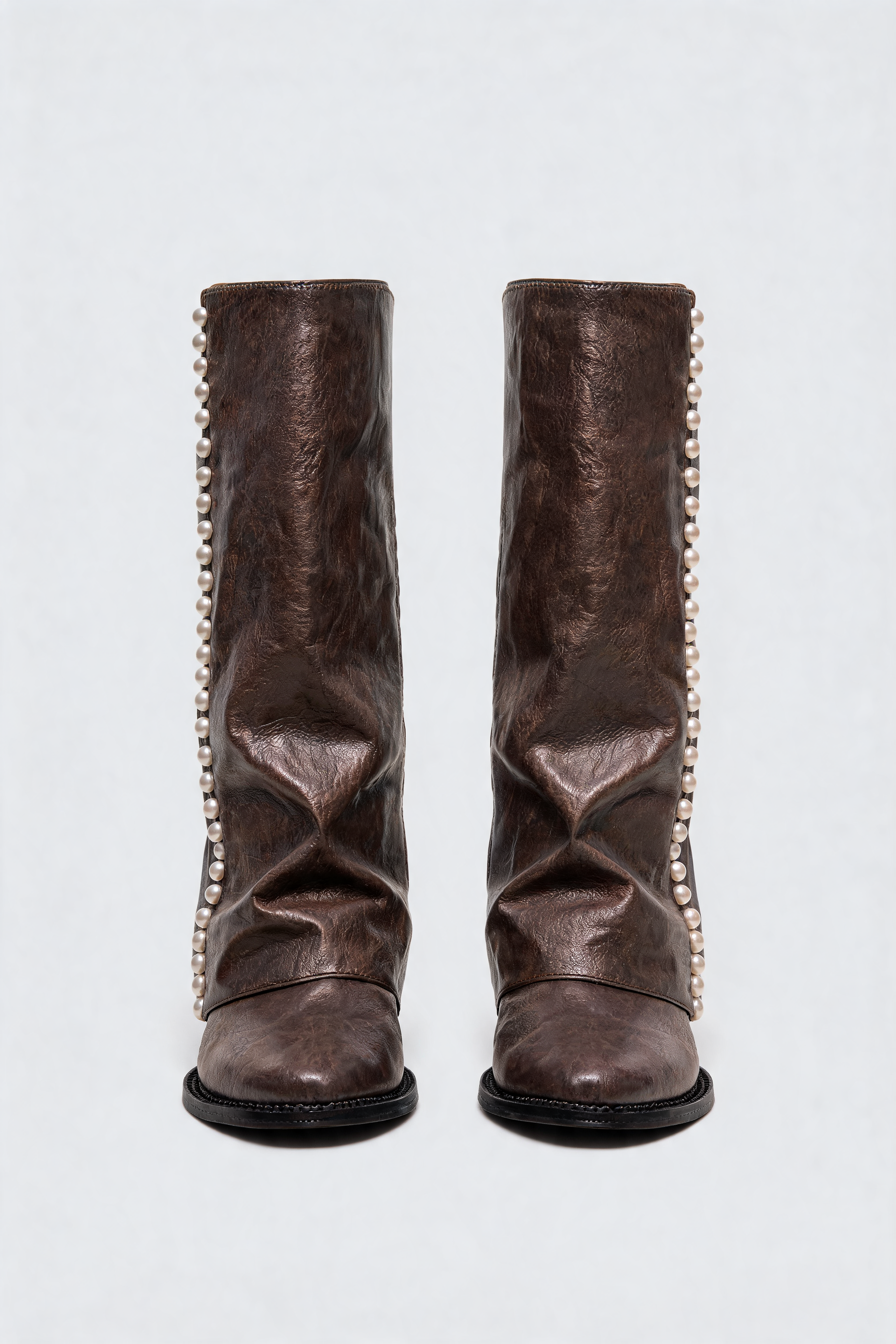 Pearl Trim Knee High Leather Boots Audrey Calvero