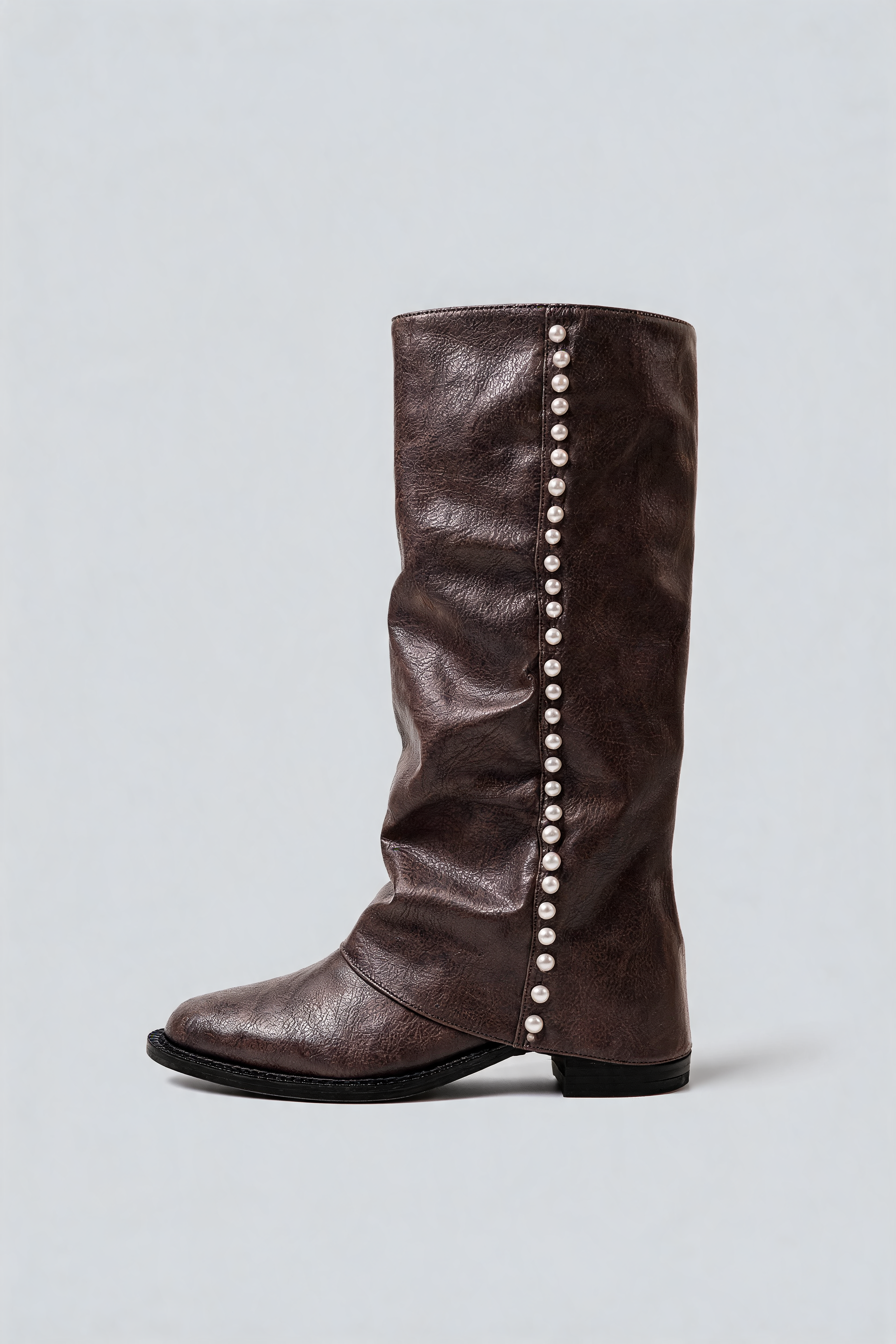 Pearl Trim Knee High Leather Boots Audrey Calvero