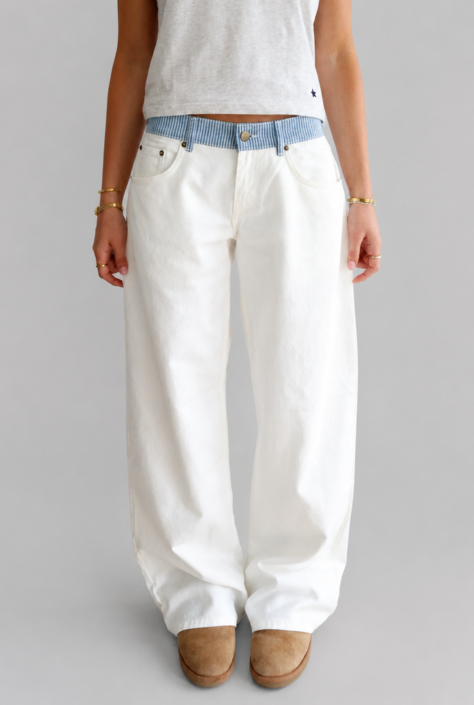 Wide Leg Jeans with Contrast Striped Waistband Audrey Calvero