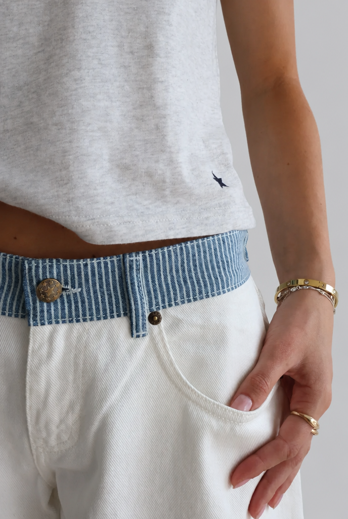 Wide Leg Jeans with Contrast Striped Waistband Audrey Calvero