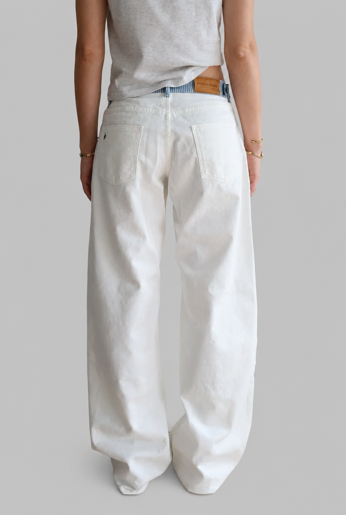 Wide Leg Jeans with Contrast Striped Waistband Audrey Calvero