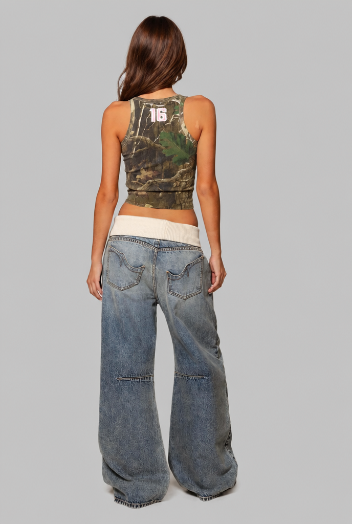 Baggy Wide Leg Jeans with Foldover Waist Audrey Calvero