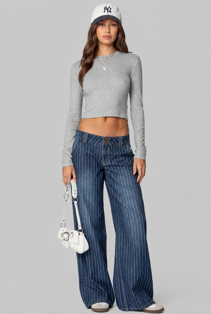 Pinstripe Wide Leg Jeans Low Rise Audrey Calvero