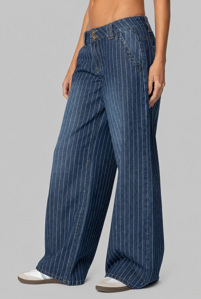 Pinstripe Wide Leg Jeans Low Rise Audrey Calvero