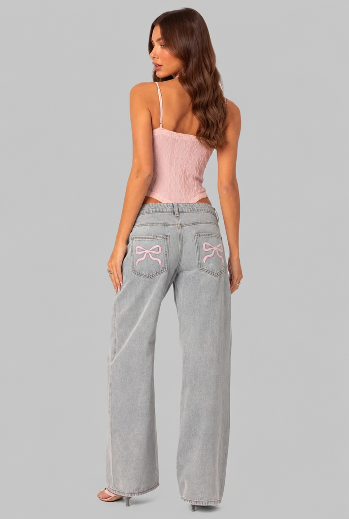 Bow Pocket Wide Leg Jeans Audrey Calvero