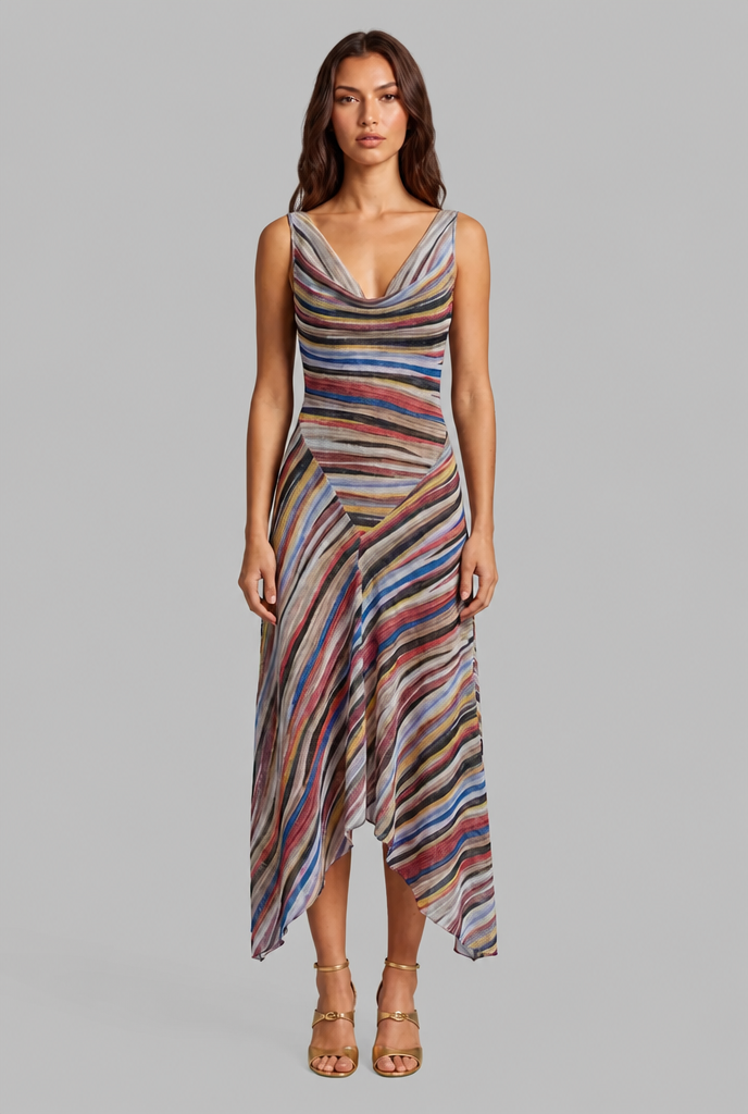 Striped Draped Midi Dress Audrey Calvero