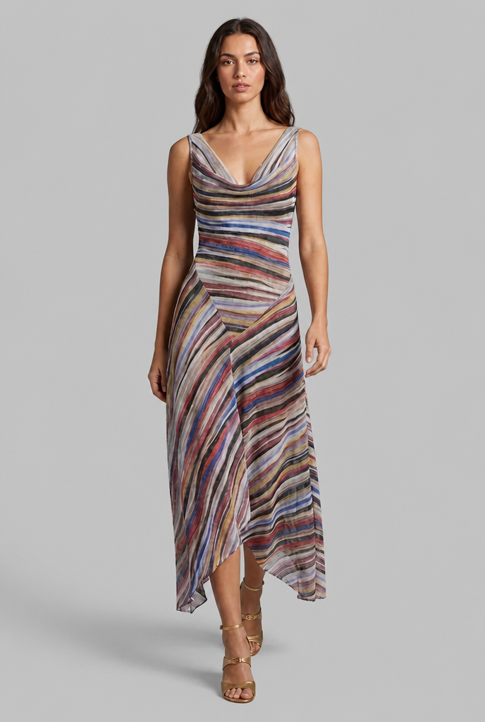 Striped Draped Midi Dress Audrey Calvero