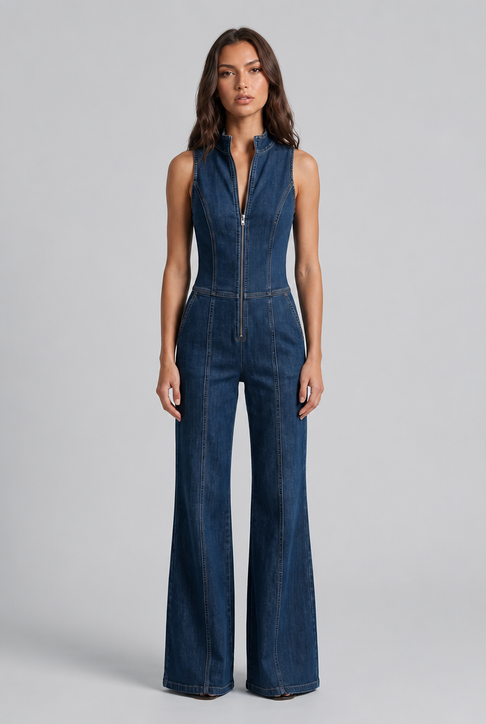 Zip Front Denim Jumpsuit