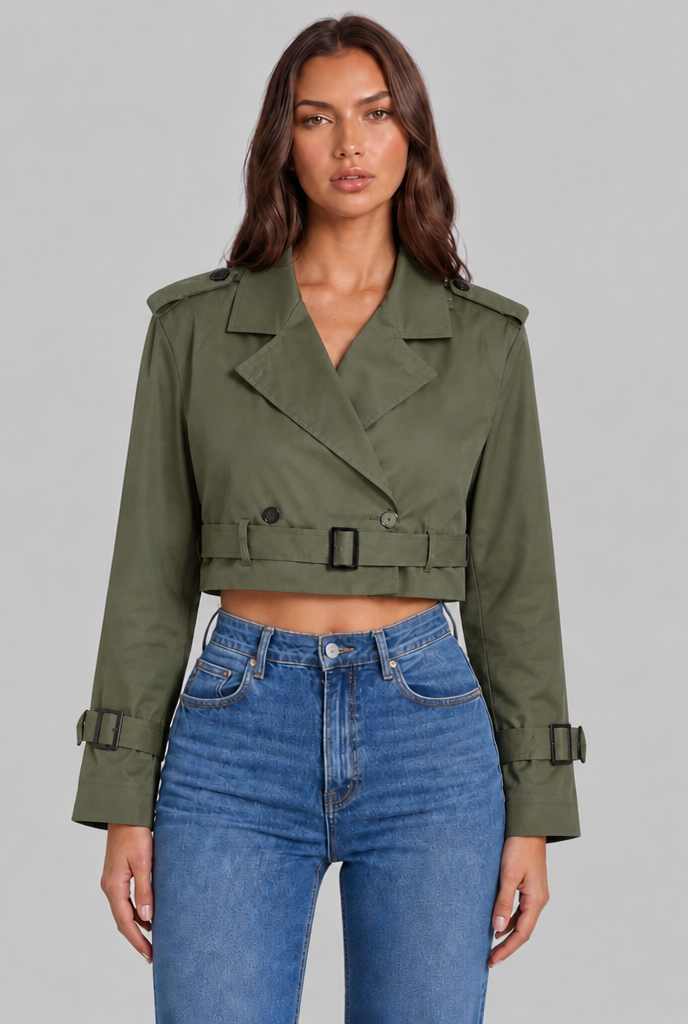 Cropped Trench Jacket with Buckle Cuffs