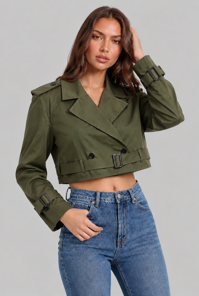 Cropped Trench Jacket with Buckle Cuffs