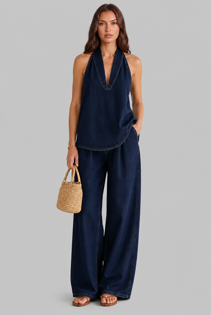 Denim Halter Top & Wide Leg Trouser Set