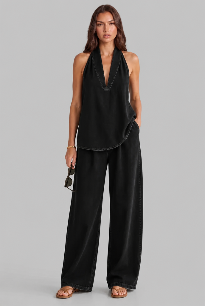 Denim Halter Top & Wide Leg Trouser Set