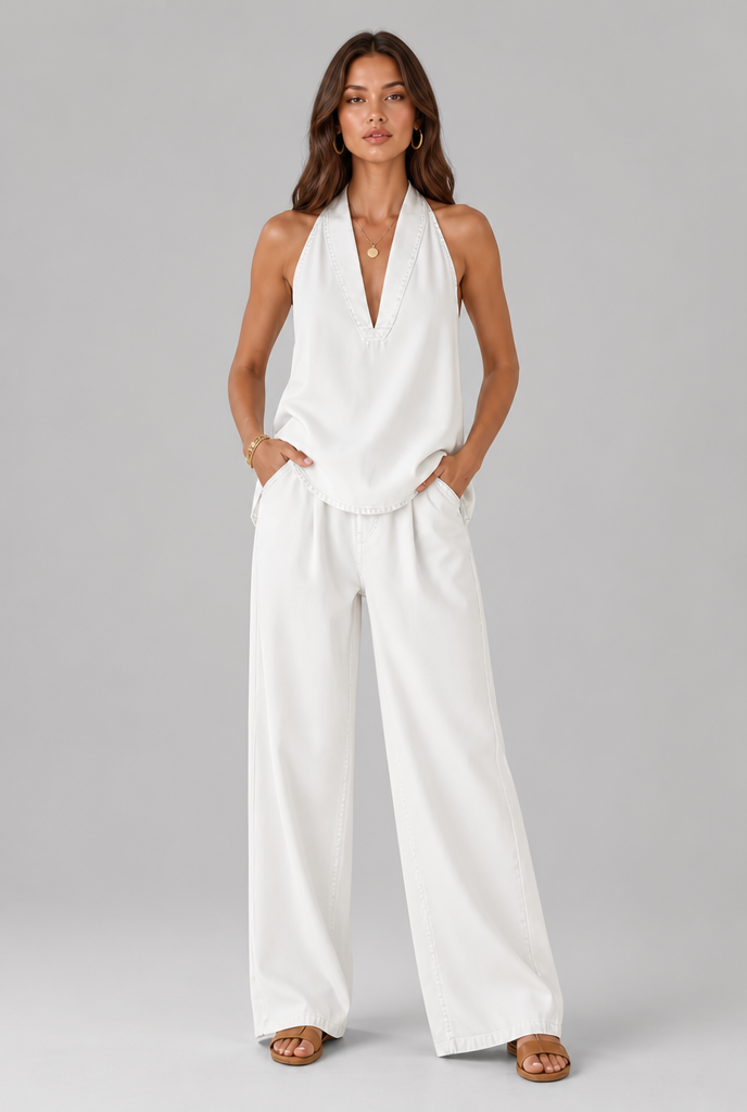 Denim Halter Top & Wide Leg Trouser Set