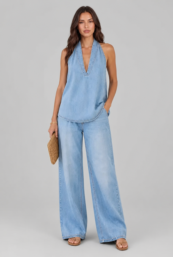 Denim Halter Top & Wide Leg Trouser Set